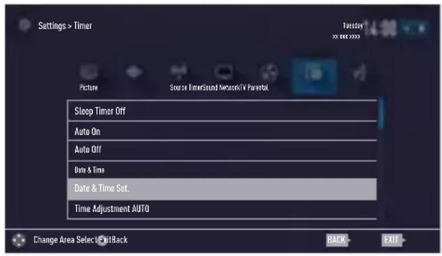 Settings > Timer Picture Source TimerSound NetworkV Parental Sloop Timer Off Auto On Auto Off Date & Time Date & Time Set. Time Adjustment AUTO Change Area Select ExitBack BACK EXIT