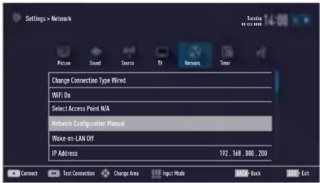 Settings > Network Picture Sound Search TV Network Timer Change Connection Type Wired WiFi On Select Access Point N/A Network Configuration Manual Wake-on-LAN Off IP Address 192.168.000.200 Connect Test Connection Change Area Input Mode BACK-Back EXIT Exit