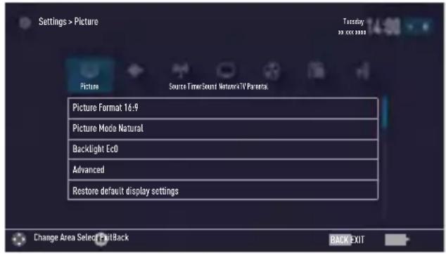 Settings > Picture Picture Source TimerSound NetworkTV Paramount Picture Format 16:9 Picture Mode Natural Backlight Ec0 Advanced Restore default display settings Change Area Select PrintBack Back Exit Tuesday 23:00:2003