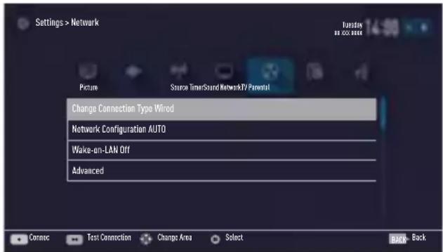 Settings > Network Picture Source Timer/Sound Network#/ Parental Change Connection Type Wired Network Configuration AUTO Wake-on-LAN Off Advanced