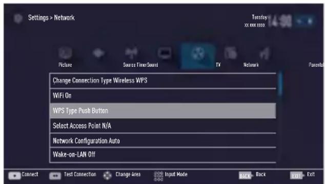 Settings > Network Picture Source Time/Sound TV Network Parental Change Connection Type Wireless WPS WiFi On WPS Type Push Button Select Access Point N/A Network Configuration Auto Wake-on-LAN Off Connect Test Connection Change Area Input Mode Back Back Exit Nextday xx 000 0000