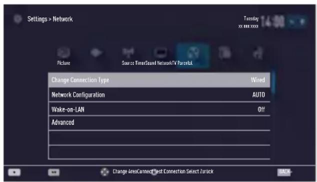 Settings > Network Tuesday xx 000 0000 Pictures Start on TimerSound NetworkTV Paracidal Change Connection Type Wired Network Configuration AUTO Wake-on-LAN Off Advanced Change AreaConnect Test Connection Select Zurick BACK