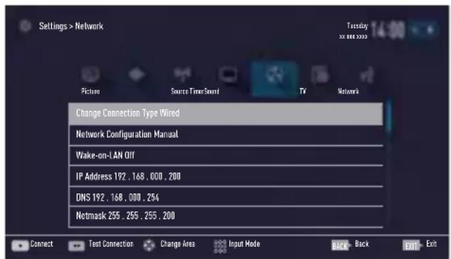 Settings > Network Tuesday xx 000 0000 Pictures Source: TimeSound TV Networks Change Connection Type Wired Network Configuration Manual Wake-on-LAN Off IP Address 192 . 168 . 000 . 200 DNS 192 . 168 . 000 . 254 Netmask 255 . 255 . 255 . 200 Connect Test Connection Change Area Input Mode BACK Back EXIT Exit