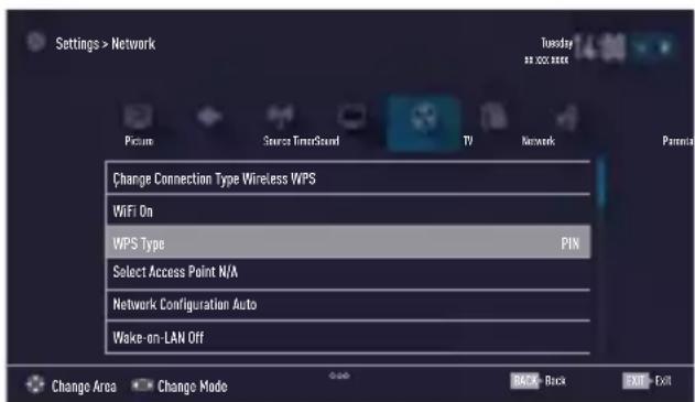 Settings > Network Picture Source TimerSound TV Network Change Connection Type Wireless WPS WiFi On WPS Type PIN Select Access Point N/A Network Configuration Auto Wake-on-LAN Off Change Area Change Mode Back Back Exit Exit