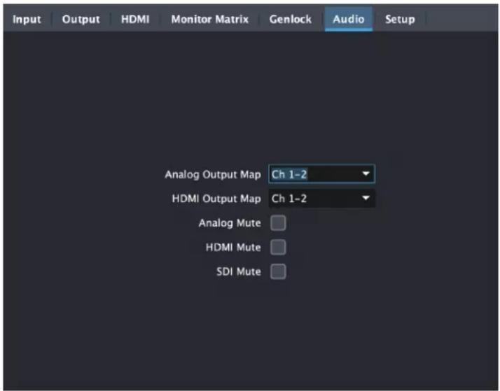 Input | Output | HDMI | Monitor Matrix | Genlock | Audio | Setup | Analog Output Map Ch 1-2 HDMI Output Map Ch 1-2 Analog Mute HDMI Mute SDI Mute