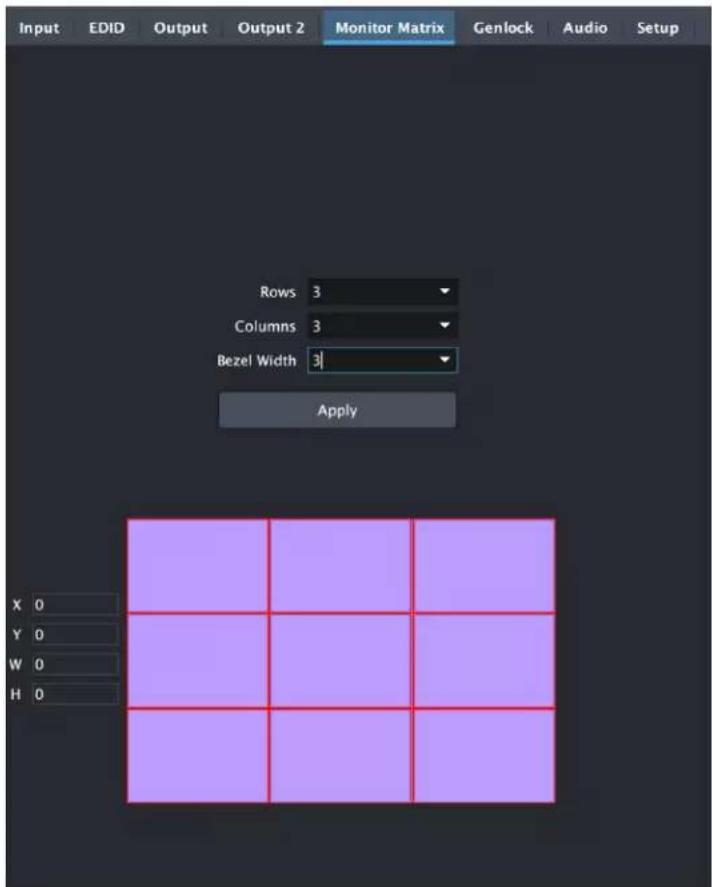 Input EDID Output Output 2 Monitor Matrix Genlock Audio Setup Rows 3 Columns 3 Bezel Width 3 Apply X 0 Y 0 W 0 H 0