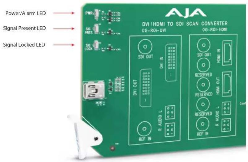 Power/Alarm LED Signal Present LED Signal Locked LED AJA DVI / HDMI TO SDI SCAN CONVERTER OG-ROI-DVI OG-ROI-HDMI PWR SIC PRES SIC LOCK SDI OUT DVI IN DVI OUT R. AUDIO L REF IN RESERVED HDMI OUT RESERVED R. AUDIO L REF IN Conf