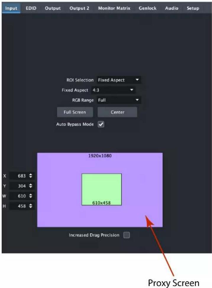 Input EDID Output Output 2 Monitor Matrix Genlock Audio Setup ROI Selection Fixed Aspect Fixed Aspect 4:3 RGB Range Full Full Screen Center Auto Bypass Mode ✓ 1920x1080 610x458 Increased Drag Precision Proxy Screen