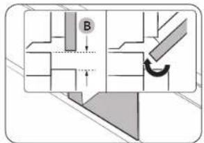 Diagram showing a mechanical or architectural component with labeled section B and directional arrow, likely illustrating a process or assembly.