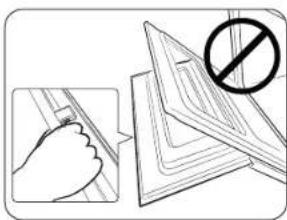 Diagram showing a hand using a tool to clean or remove documents, with a prohibition symbol indicating no text.