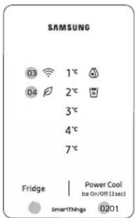 SAMSUNG 03 1°C 04 2°C 3°C 4°C 7°C Fridge | Power Cool Ice On/Off (3 sec) SmartThings 0201