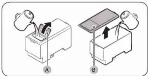 Diagram showing two mechanical assembly steps labeled A and B, with arrows indicating motion direction.