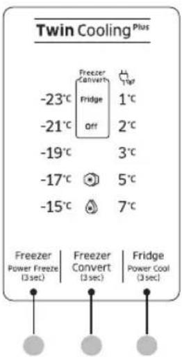 Twin Cooling Plus -23°C -21°C -19°C -17°C -15°C Freezer Power Freeze (3 sec) Freezer Convert (3 sec) Fridge Off 1°C 2°C 3°C 5°C 7°C Fridge Power Cool (3 sec)