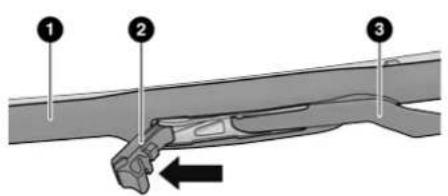 Diagram of a mechanical device with numbered components and directional arrow indicating motion or force
