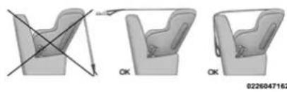 Diagram showing three stages of car seat replacement, with arrows indicating direction and 'OK' labels for correct/incorrect states.