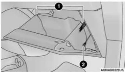 Diagram of a car interior showing labeled components, including a device with numbered parts and directional arrows.