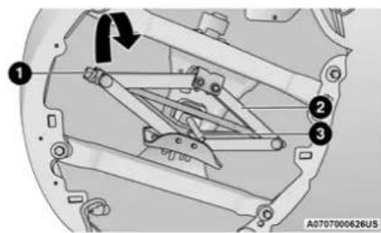 Technical diagram of a mechanical assembly with numbered components and directional arrows indicating motion or force
