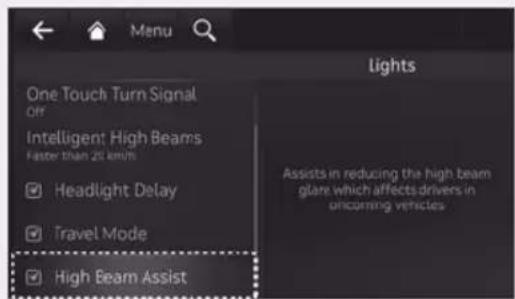 Menu Lights One Touch Turn Signal Off Intelligent High Beams Faster than 20 km/h Headlight Delay Travel Mode High Beam Assist Assists in reducing the high beam glare which affects drivers in unicoming vehicles
