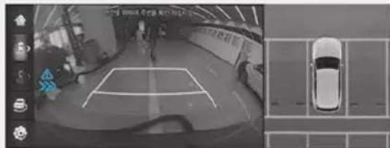 Security camera screenshot showing a car at a tunnel entrance with traffic signs and a side-view of the vehicle's rear view.