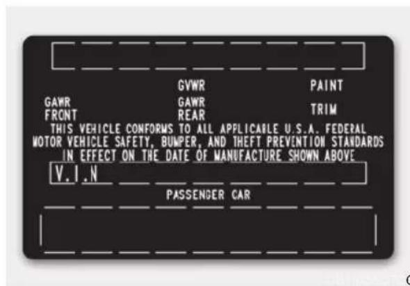 GVWR PAINT GAWR GAWR FRONT REAR TRIM THIS VEHICLE CONFORMS TO ALL APPLICABLE U.S.A. FEDERAL MOTOR VEHICLE SAFETY, BUMPER, AND THEFT PREVENTION STANDARDS IN EFFECT ON THE DATE OF MANUFACTURE SHOWN ABOVE V.I.N PASSENDER CAR