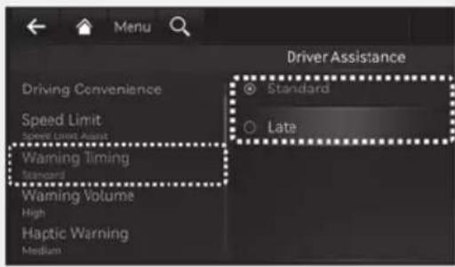 Driver Assistance Driving Convenience Speed Limit Speed Limit Asset Warning Timing Standard Warning Volume High Haptic Warning Medium Standard Late