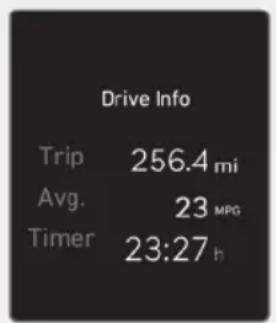 Drive Info Trip 256.4 mi Avg. 23 MPG Timer 23:27 h