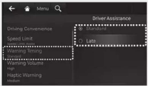 Driver Assistance Driving Convenience Speed Limit Speed Limit Assist Warning Timing Standard Warning Volume High Haptic Warning Medium Standard Late