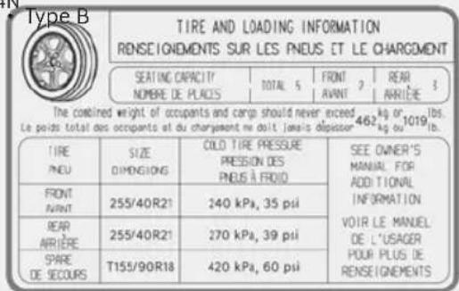 Type B TIRE AND LOADING INFORMATION RENSEIGNEMENTS SUR LES PNEUS ET LE CHARGUMENT SEATING CAPACITY NOMBRE DE PLACES TOTAL 5 FRONT 2 AVANT 3 REAR ARRIÈRE 462 kg or 1019 lb. The combined weight of occupants and cargo should never exceed Le poids total des occupants et du chargement ne doit jamais dépasser TIRE PNEU SIZE DIMENSIONS COLO TIRE PRESSURE PRESSION DES PNEUS À FROID SEE OWNER'S MANUAL FOR ADDITIONAL INFORMATION VEIR LE MANUEL DE L'USAGER POUR PLUS DE RENSEIGNEMENTS FRONT AVANT 255/40R21 240 kPa, 35 psi BEAR ARRIÈRE 255/40R21 270 kPa, 39 psi SPARE DE SECOURS T155/90R18 420 kPa, 60 psi