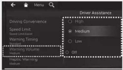 Menu Driver Assistance Driving Convenience Speed Limit Speed Limit Assist Warning Timing Standard Warning Volume Medium Haptic Warning Medium High Medium Low Off