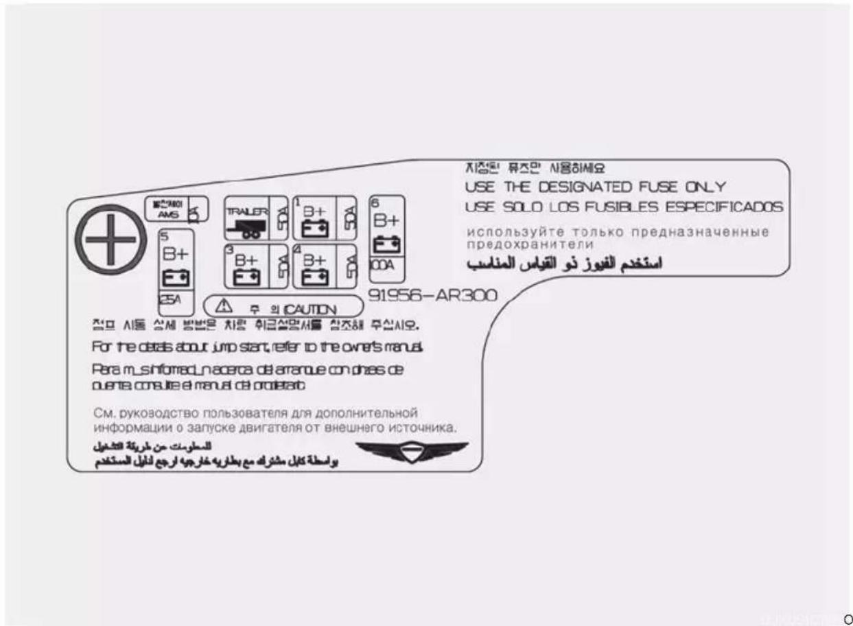 지접된 휴즈안 사용하세요 USE THE DESIGNATED FUSE ONLY USE SOLO LOS FUSIBLES ESPECIFICADOS используйте только предназначенные предохранители استثميم الفيوز نو القياس المناسب 91956-AR300 저프 시동 상세 방법 exon 차량 휴CUSEMM서를 참조해 주십시오. For the details about jump start, refer to the owner's manual. Pera m_sinfomed_n acerca de arranque con dhas de puente consulte el manual de projetatc См. руководство пользователя для дополнительной информации о запуске двигателя от внешнего источника. المطويت من طريقة لش-offs يوسطة كيل مشرك مع بطراه خارجيه ارجع لذيل الستقدم