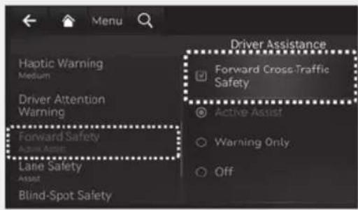 Haptic Warning Medium Driver Attention Warning Forward Safety Active Assist Lane Safety Asset Blind-Spot Safety Driver Assistance Forward Cross-Traffic Safety Active Assist Warning Only Off