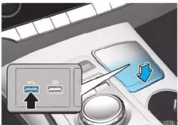 Diagram showing a device interface with labeled ports and a downward arrow, likely indicating a process or operation.