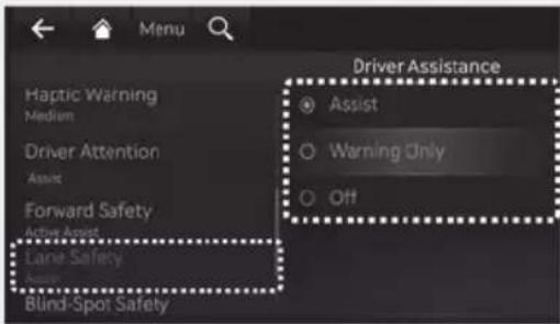Haptic Warning Medium Driver Attention Assist Forward Safety Active Assist Lane Safety Assist Blind-Spot Safety Driver Assistance Assist Warning Only Off