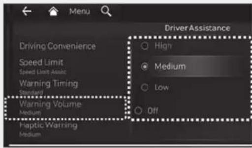Menu Driving Convenience Speed Limit Speed Limit Assist Warning Timing Standard Warning Volume Medium Haptic Warning Medium Driver Assistance High Medium Low Off