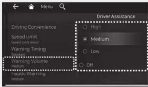 Menu Driving Convenience Speed Limit Speed Limit Assist Warning Timing Standard Warning Volume Medium Haptic Warning Medium Driver Assistance High Medium Low Off