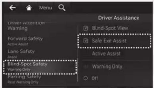 Driver Attention Warning Forward Safety Active Assist Lane Safety Assist Blind-Spot Safety Warning Only Parking Safety Rear Warning Only Driver Assistance Blind-Spot View Safe Exit Assist Active Assist Warning Only Off