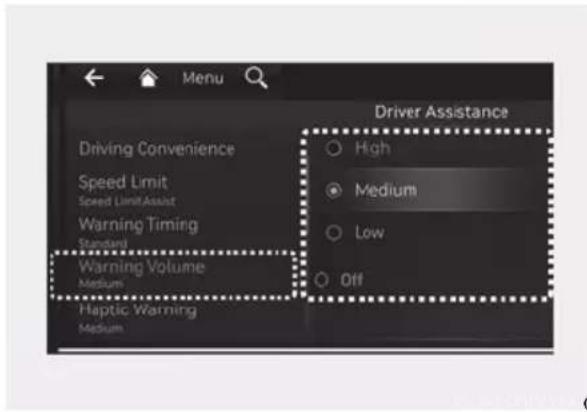 Driving Convenience Speed Limit Speed LimitAssist Warning Timing Standard Warning Volume Medium Haptic Warning Medium Driver Assistance High Medium Low Off