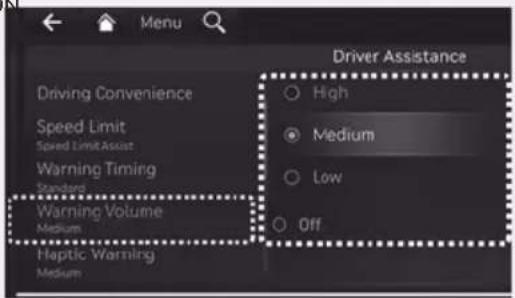 Menu Driving Convenience Speed Limit Speed Limit Assist Warning Timing Standard Warning Volume Medium Haptic Warning Medium Driver Assistance High Medium Low Off