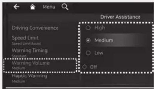 Menu Driving Convenience Speed Limit Speed Limit Assist Warning Timing Standard Warning Volume Medium Haptic Warning Medium Driver Assistance High Medium Low Off