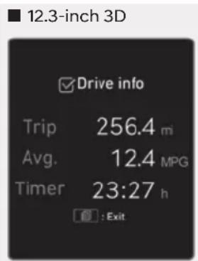 12.3-inch 3D Drive info Trip 256.4 mi Avg. 12.4 MPG Timer 23:27 h : Exit