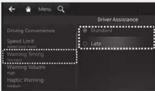 Driver Assistance Driving Convenience Speed Limit Speed/Window Active Warning Timing Standard Warning Volume High Haptic Warning Medium Standard Late