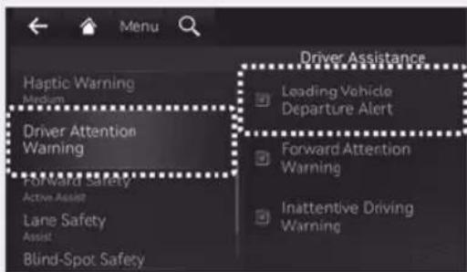 Haptic Warning Medium Driver Attention Warning Forward Safety Active Assist Lane Safety Assist Blind-Spot Safety Driver Assistance Leading Vehicle Departure Alert Forward Attention Warning Inattentive Driving Warning