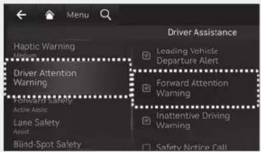 Driver Assistance Haptic Warning Medium Driver Attention Warning Forward Safety Active Assist Lane Safety Assist Blund-Spot Safety Leading Vehicle Departure Alert Forward Attention Warning Inattentive Driving Warning Safety Notice Call