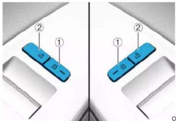 Diagram showing two blue buttons labeled ① and ② on a device panel, with arrows pointing to each button.
