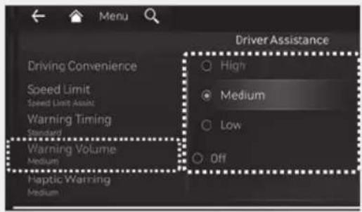 Menu Driving Convenience Speed Limit Speed Limit Assin Warning Timing Standard Warning Volume Medium Haptic Warning Medium Driver Assistance High Medium Low Off