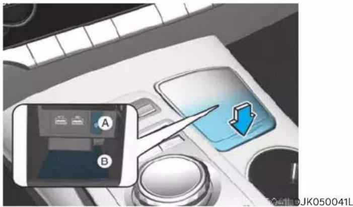 Diagram showing a car dashboard with labeled UI elements and a blue directional arrow pointing to the screen area.