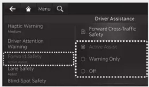 Driver Assistance Haptic Warning Medium Driver Attention Warning Forward Safety Active Assist Lane Safety Assist Blind-Spot Safety Forward Cross-Traffic Safety Active Assist Warning Only Off