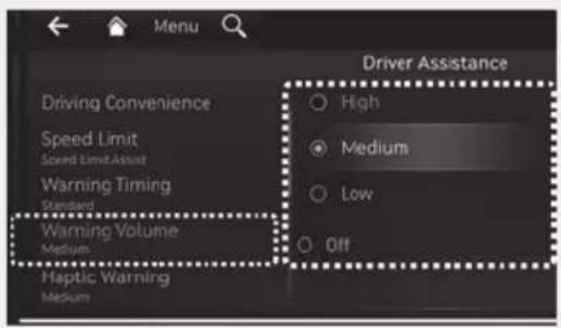 Driving Convenience Speed Limit Speed Limit Assist Warning Timing Standard Warning Volume Medium Haptic Warning Medium Driver Assistance High Medium Low Off