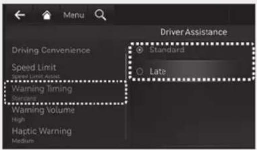 Menu Driver Assistance Driving Convenience Speed Limit Speed Limit Active Warning Timing Standard Warning Volume High Haptic Warning Medium Standard Late
