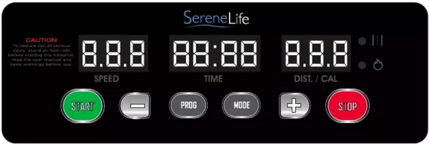 SereneLife CAUTION To reduce risk of serious injury, stand on foot rails before starting this treadmill read the user manual and keep warnings before use. 8.8.8 88:88 8.8.8 SPEED TIME DIST. / CAL START — PROG MODE + STOP